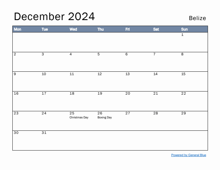 December 2024 Simple Monthly Calendar for Belize