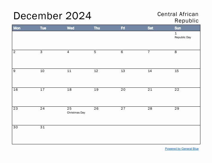 December 2024 Simple Monthly Calendar for Central African Republic