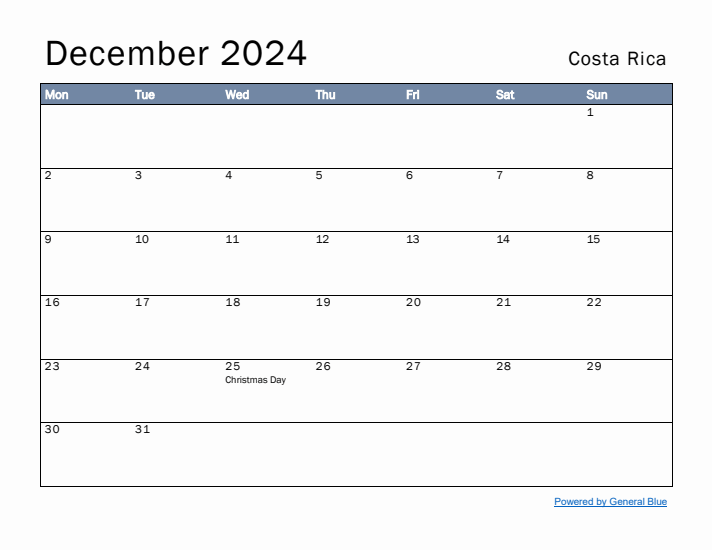 December 2024 Simple Monthly Calendar for Costa Rica