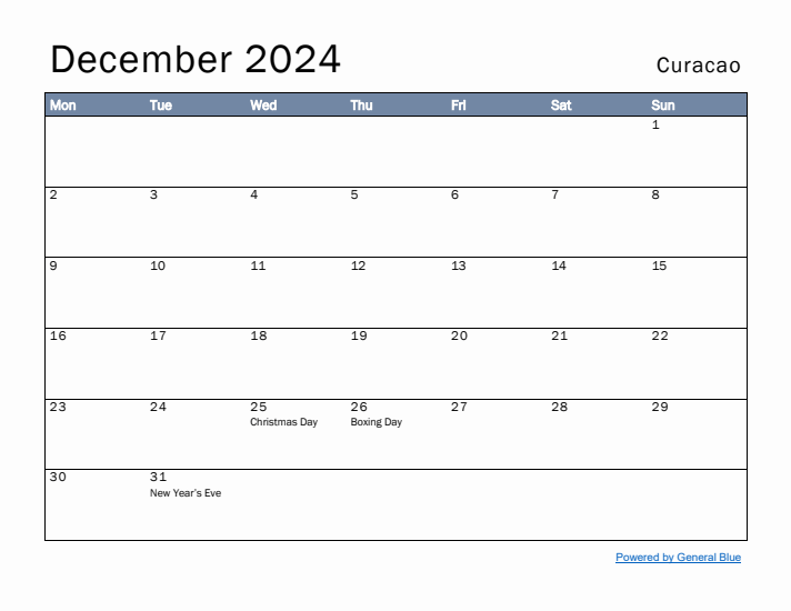 December 2024 Simple Monthly Calendar for Curacao