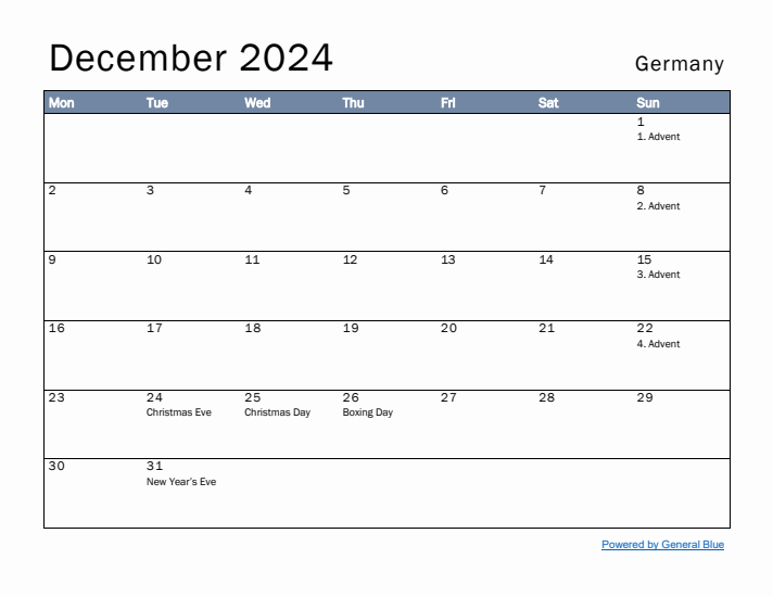 December 2024 Simple Monthly Calendar for Germany