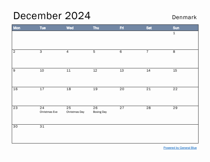 December 2024 Simple Monthly Calendar for Denmark