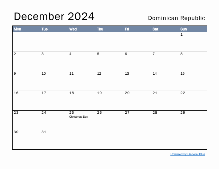 December 2024 Simple Monthly Calendar for Dominican Republic