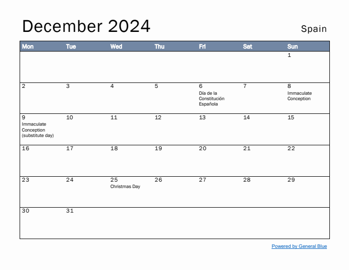 December 2024 Simple Monthly Calendar for Spain