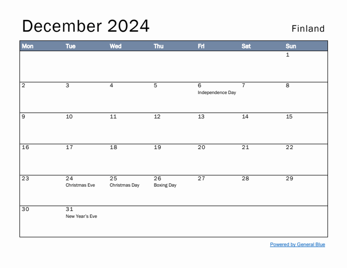 December 2024 Simple Monthly Calendar for Finland