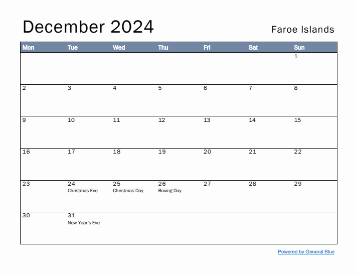 December 2024 Simple Monthly Calendar for Faroe Islands