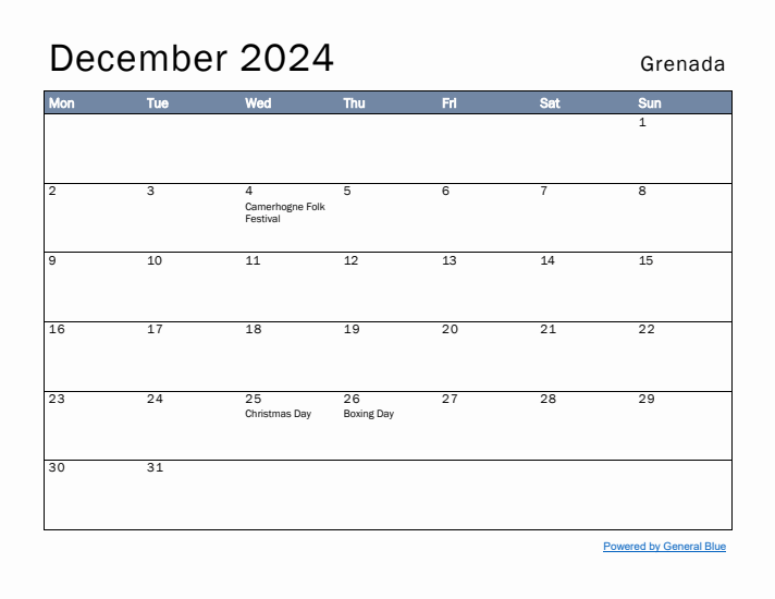 December 2024 Simple Monthly Calendar for Grenada