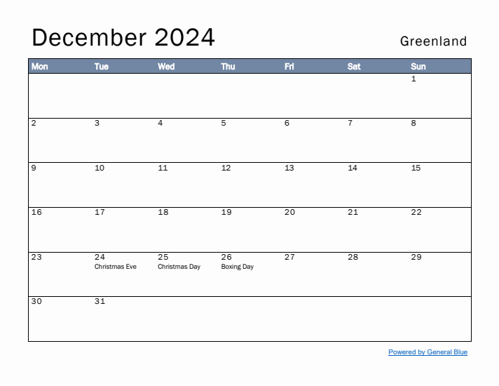 December 2024 Simple Monthly Calendar for Greenland