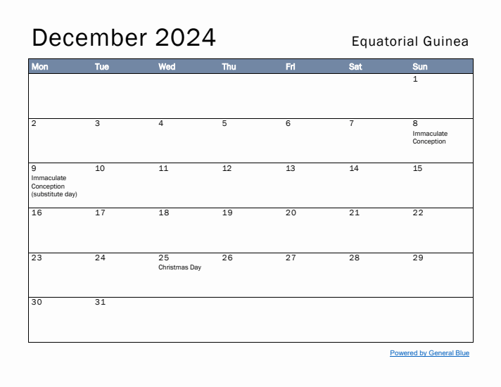 December 2024 Simple Monthly Calendar for Equatorial Guinea