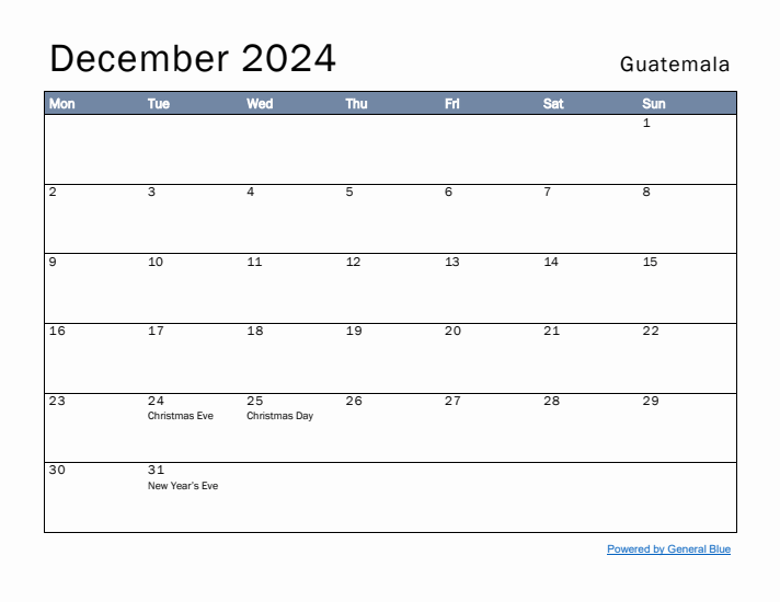 December 2024 Simple Monthly Calendar for Guatemala