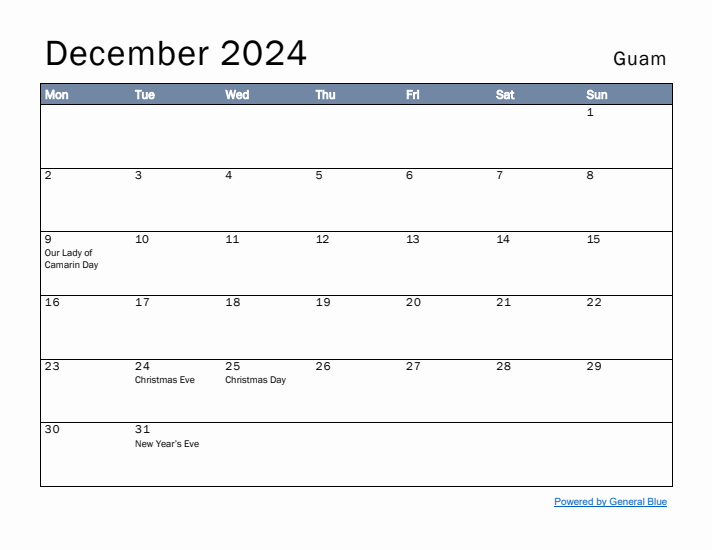 December 2024 Simple Monthly Calendar for Guam