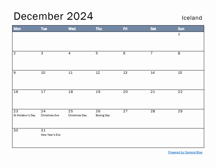 December 2024 Simple Monthly Calendar for Iceland