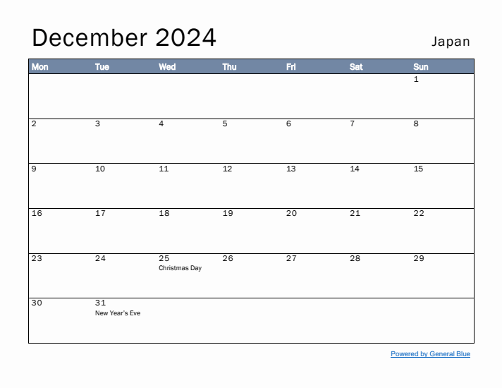 December 2024 Simple Monthly Calendar for Japan