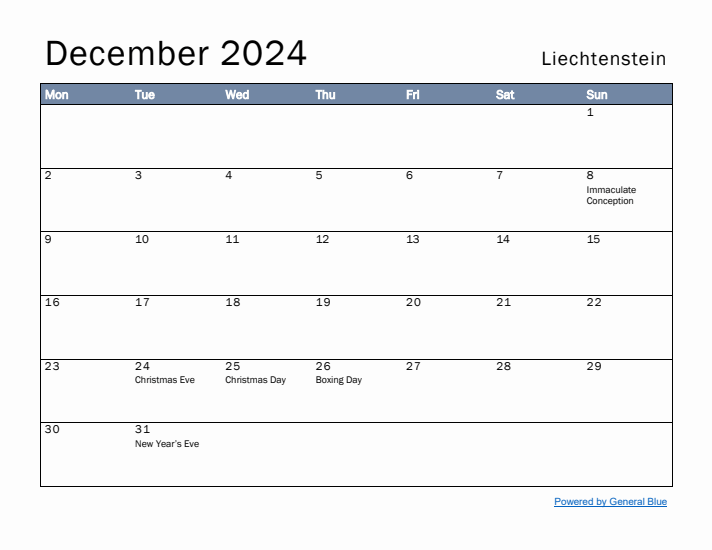 December 2024 Simple Monthly Calendar for Liechtenstein