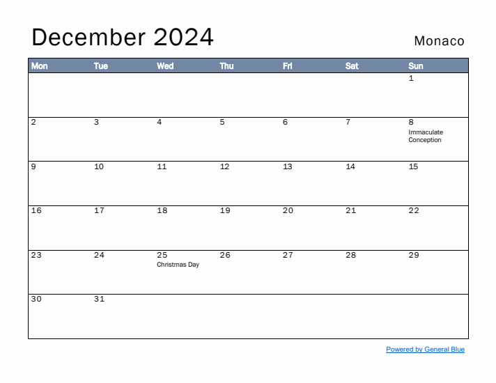 December 2024 Simple Monthly Calendar for Monaco