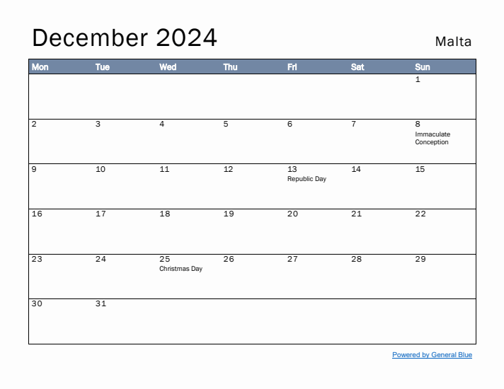 December 2024 Simple Monthly Calendar for Malta