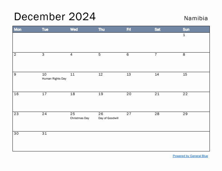 December 2024 Simple Monthly Calendar for Namibia