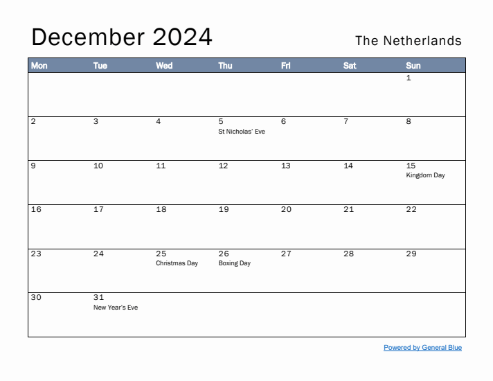 December 2024 Simple Monthly Calendar for The Netherlands