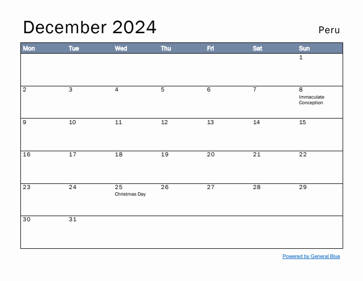 December 2024 Simple Monthly Calendar for Peru