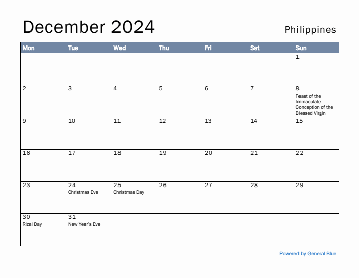 December 2024 Simple Monthly Calendar for Philippines