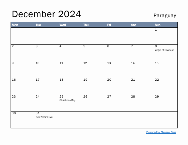 December 2024 Simple Monthly Calendar for Paraguay