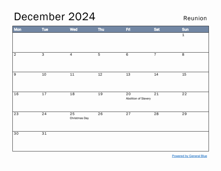 December 2024 Simple Monthly Calendar for Reunion