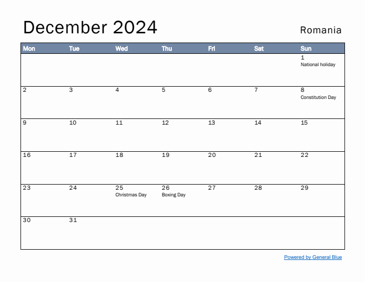 December 2024 Simple Monthly Calendar for Romania