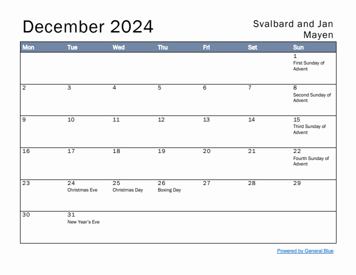 December 2024 Simple Monthly Calendar for Svalbard and Jan Mayen