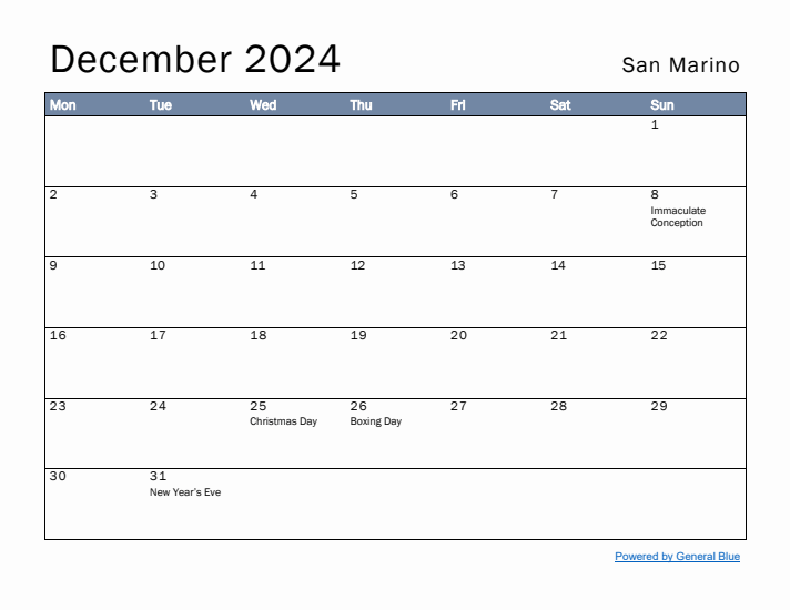 December 2024 Simple Monthly Calendar for San Marino