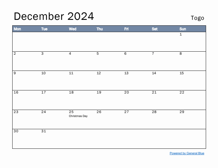 December 2024 Simple Monthly Calendar for Togo