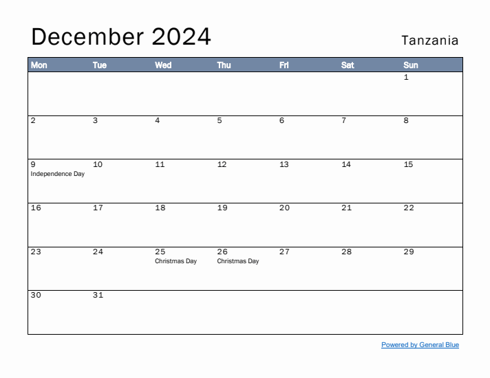 December 2024 Simple Monthly Calendar for Tanzania