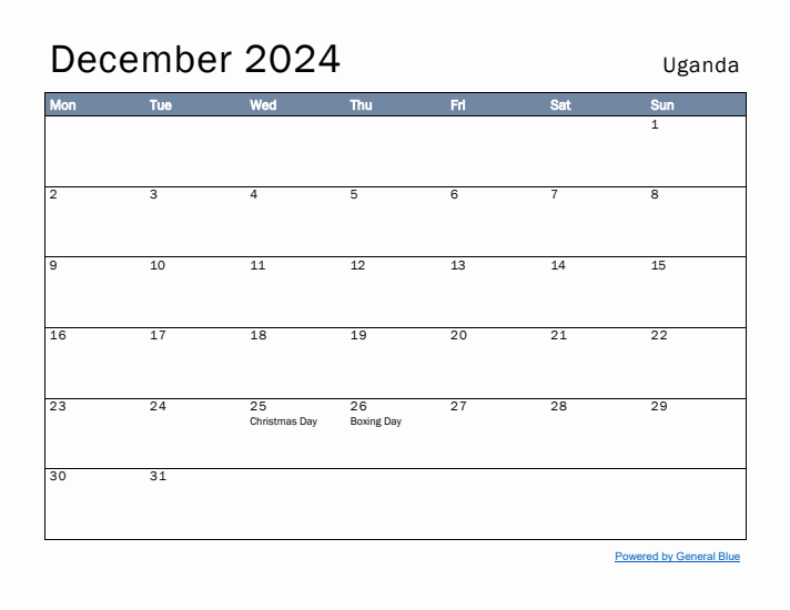 December 2024 Simple Monthly Calendar for Uganda