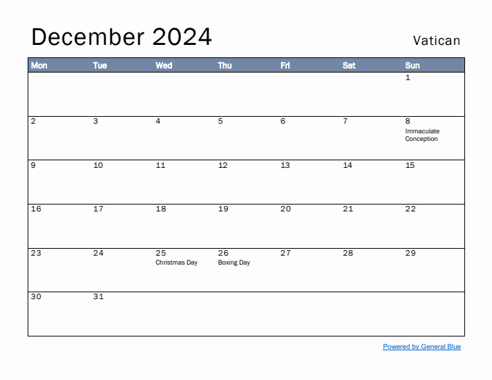 December 2024 Simple Monthly Calendar for Vatican