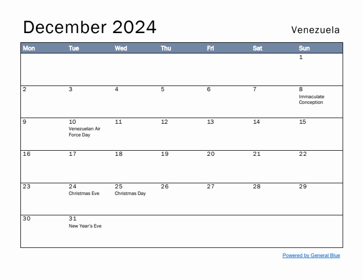 December 2024 Simple Monthly Calendar for Venezuela