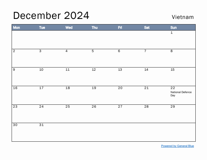 December 2024 Simple Monthly Calendar for Vietnam