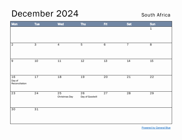 December 2024 Simple Monthly Calendar for South Africa