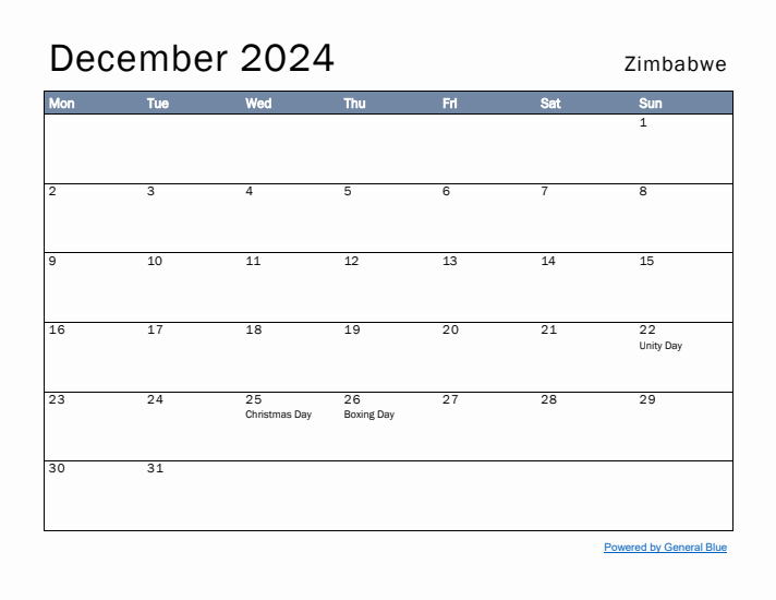 December 2024 Simple Monthly Calendar for Zimbabwe