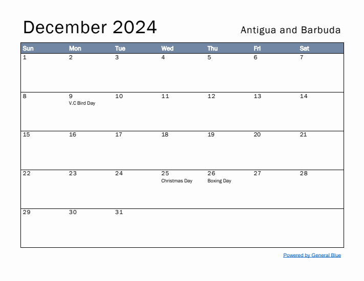 December 2024 Simple Monthly Calendar for Antigua and Barbuda