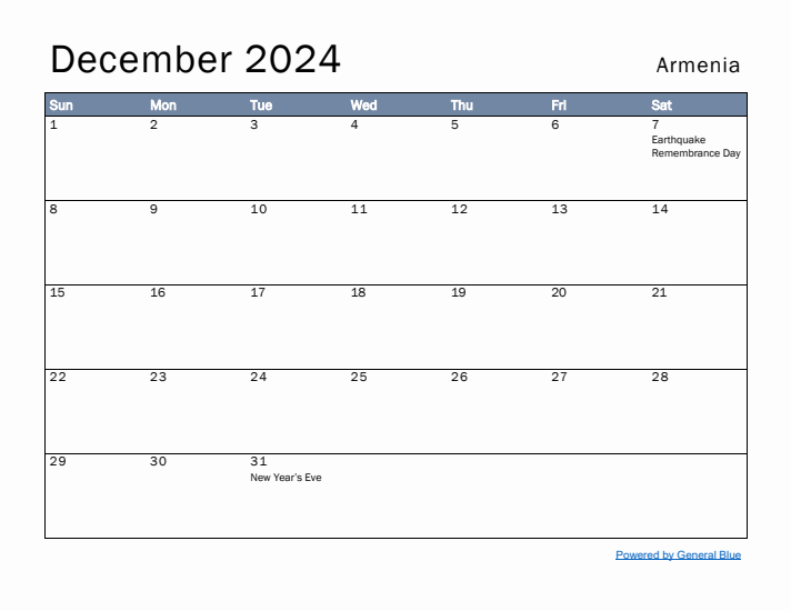 December 2024 Simple Monthly Calendar for Armenia