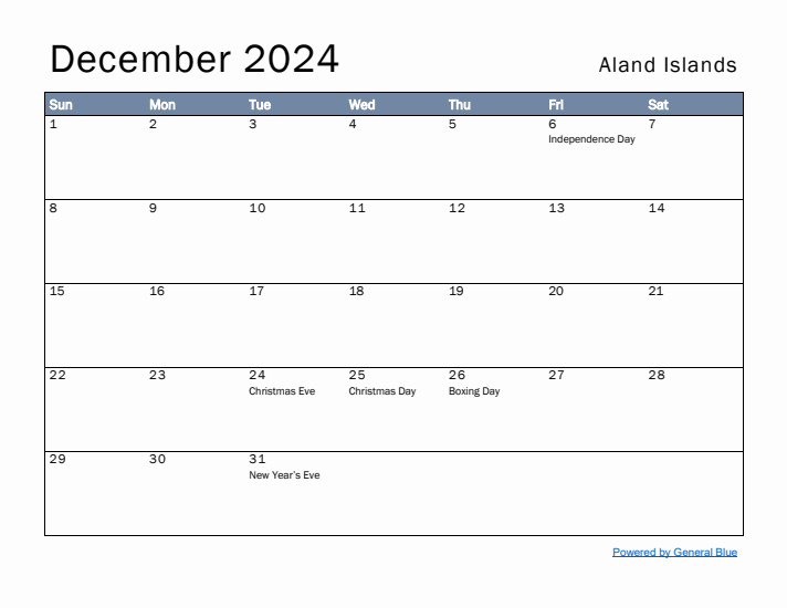 December 2024 Simple Monthly Calendar for Aland Islands