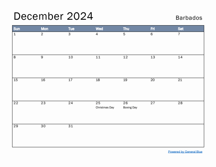 December 2024 Simple Monthly Calendar for Barbados