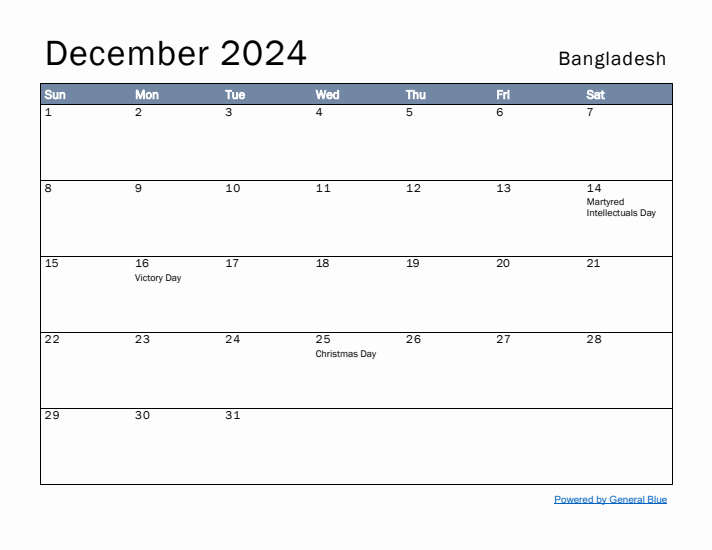 December 2024 Simple Monthly Calendar for Bangladesh