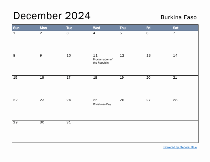 December 2024 Simple Monthly Calendar for Burkina Faso