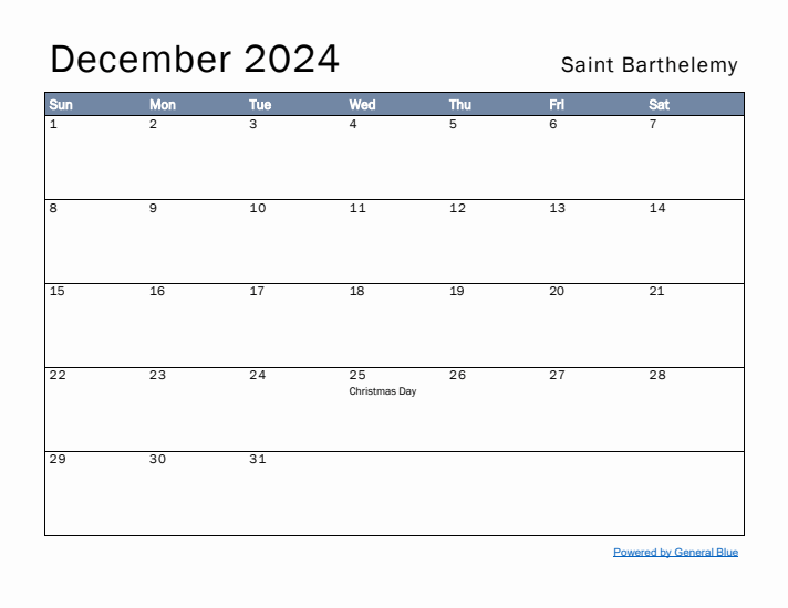 December 2024 Simple Monthly Calendar for Saint Barthelemy