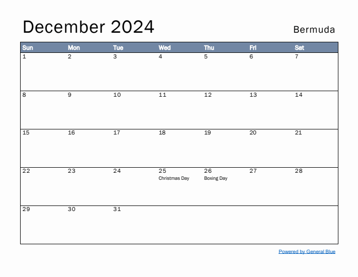 December 2024 Simple Monthly Calendar for Bermuda