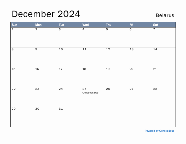 December 2024 Simple Monthly Calendar for Belarus