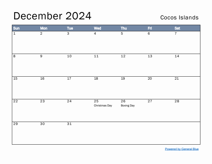 December 2024 Simple Monthly Calendar for Cocos Islands