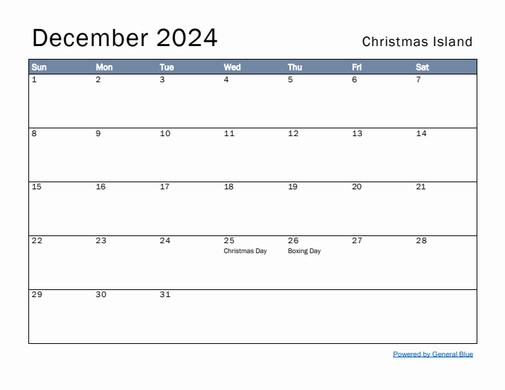 December 2024 Simple Monthly Calendar for Christmas Island