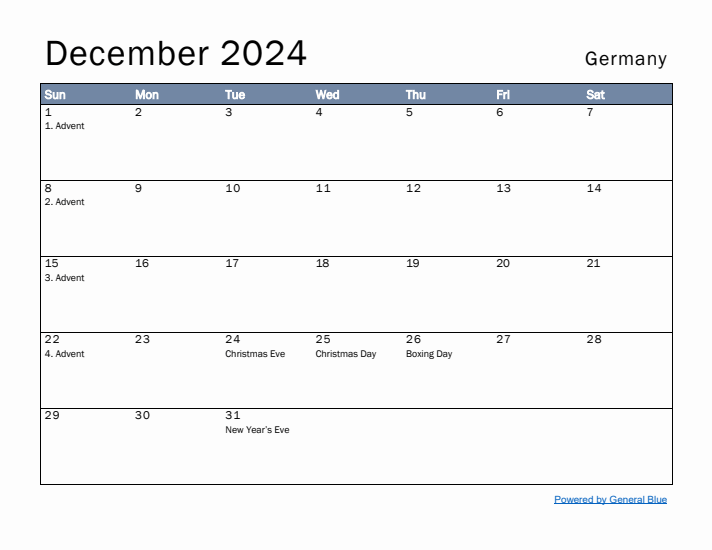 December 2024 Simple Monthly Calendar for Germany