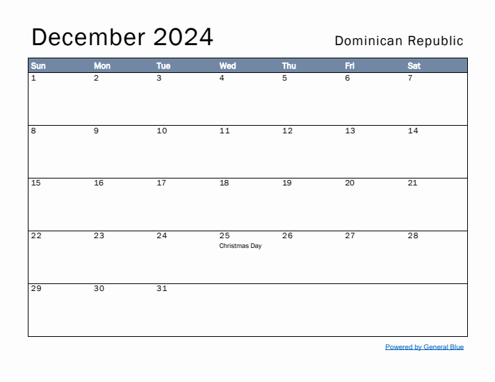 December 2024 Simple Monthly Calendar for Dominican Republic